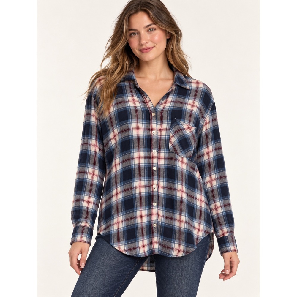 Aeropostale Womens Large Navy Blue Red Plaid Button Down Flannel Shirt L